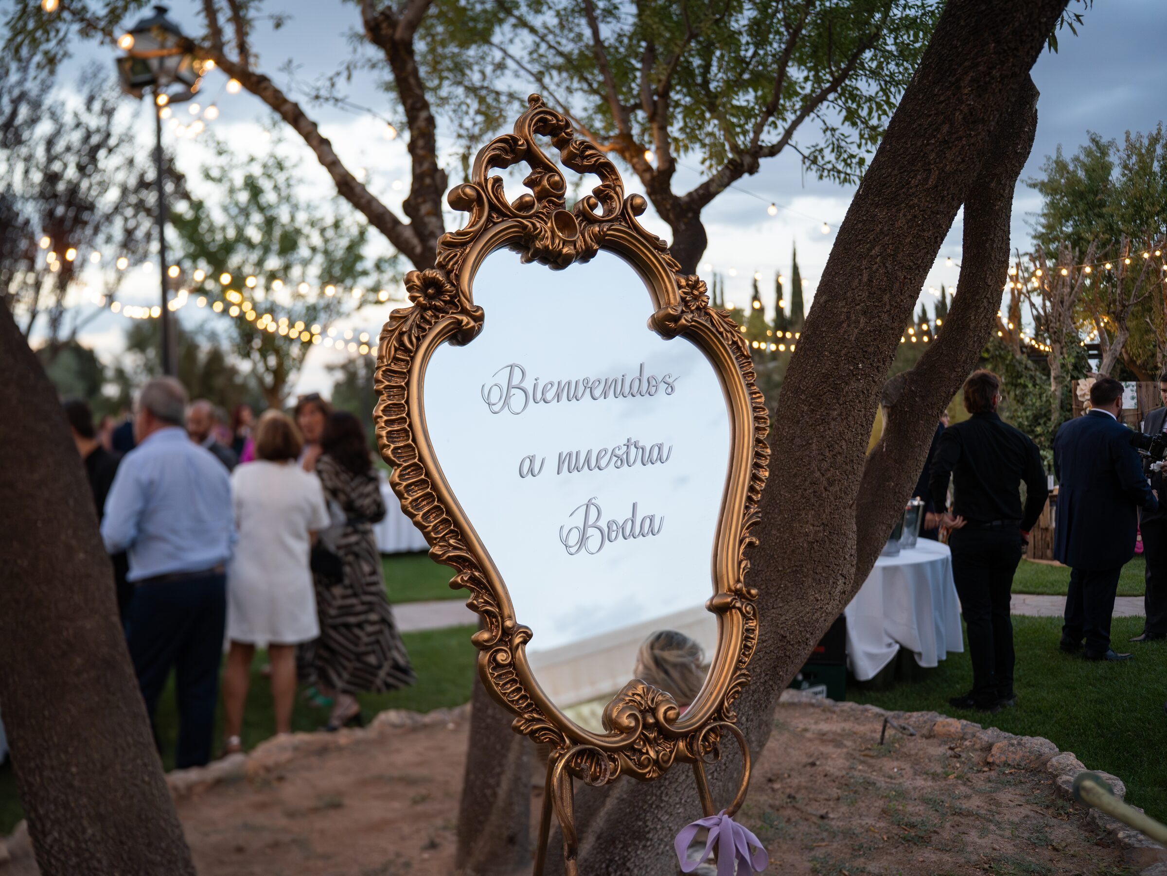 Grupo de invitados de noche bajo bombillas